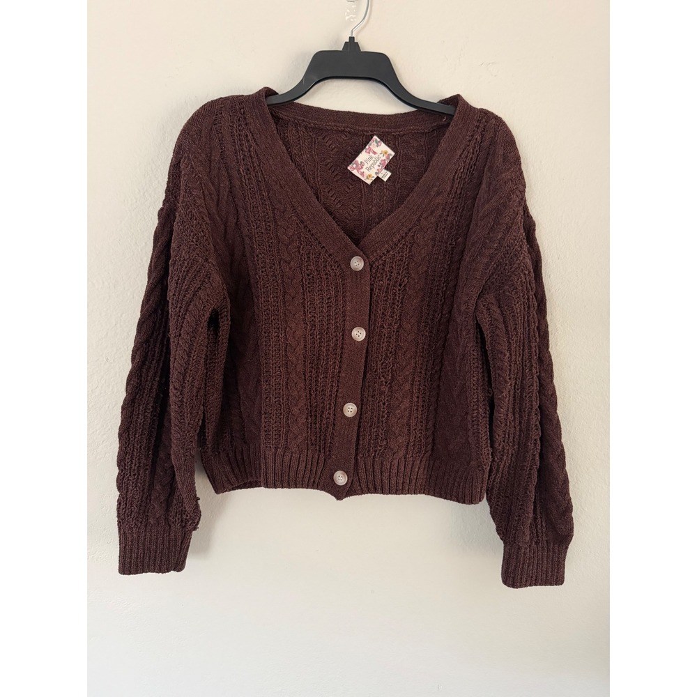 Pink Republic Brown Cable Knit Cardigan Sweater V-Neck Button Front Large